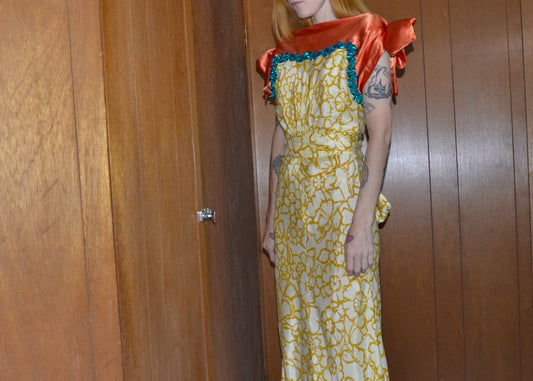 silk satin orange + print gown XS