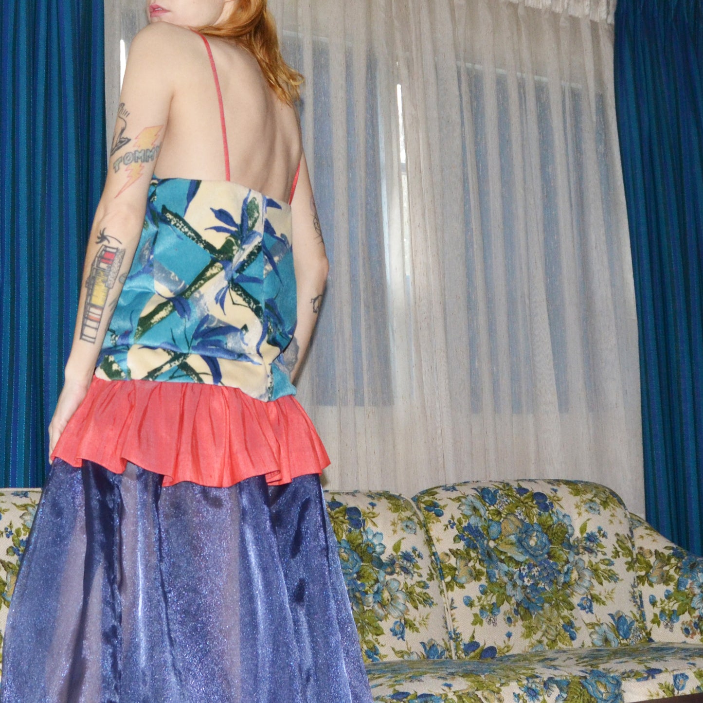 blue bamboo velvet silk dress S