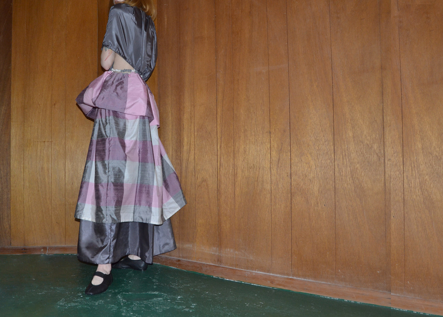 silk plaid gathered dress XS