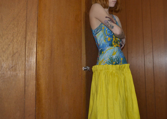 sunny yellow gathered silk dress S