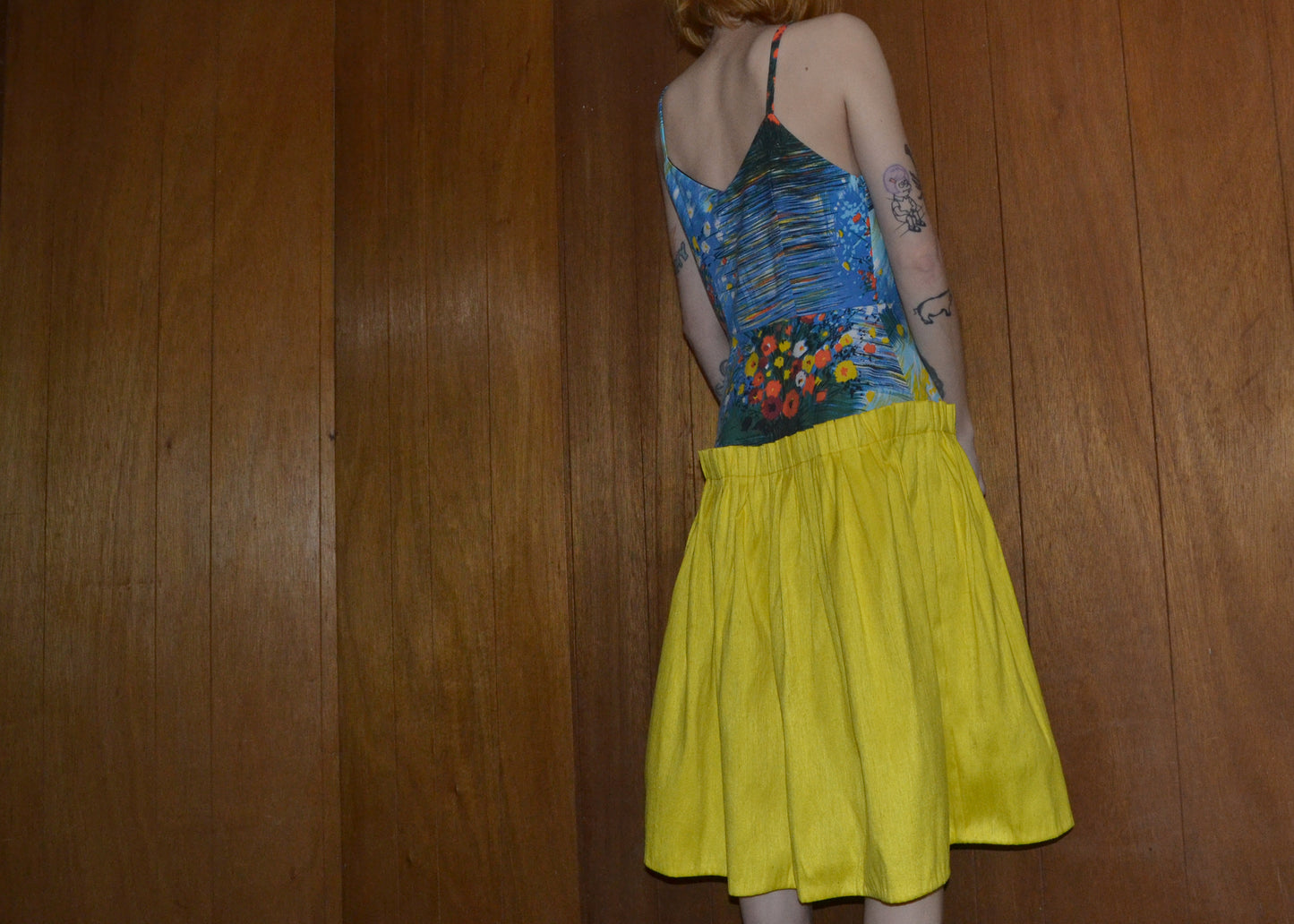 sunny yellow gathered silk dress S