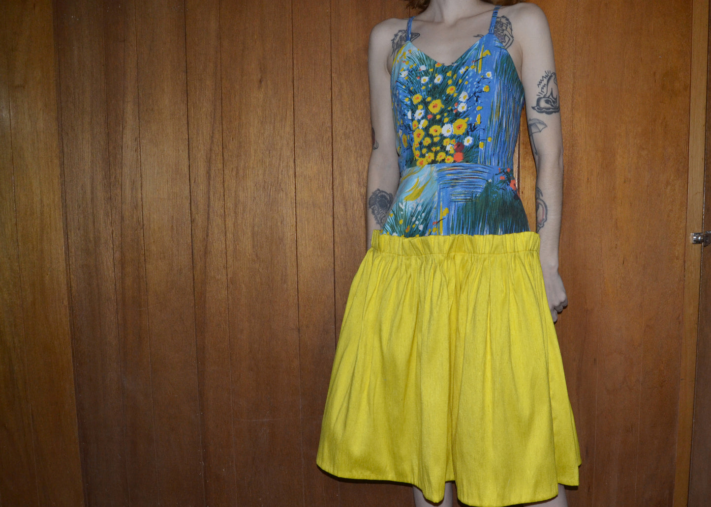 sunny yellow gathered silk dress S