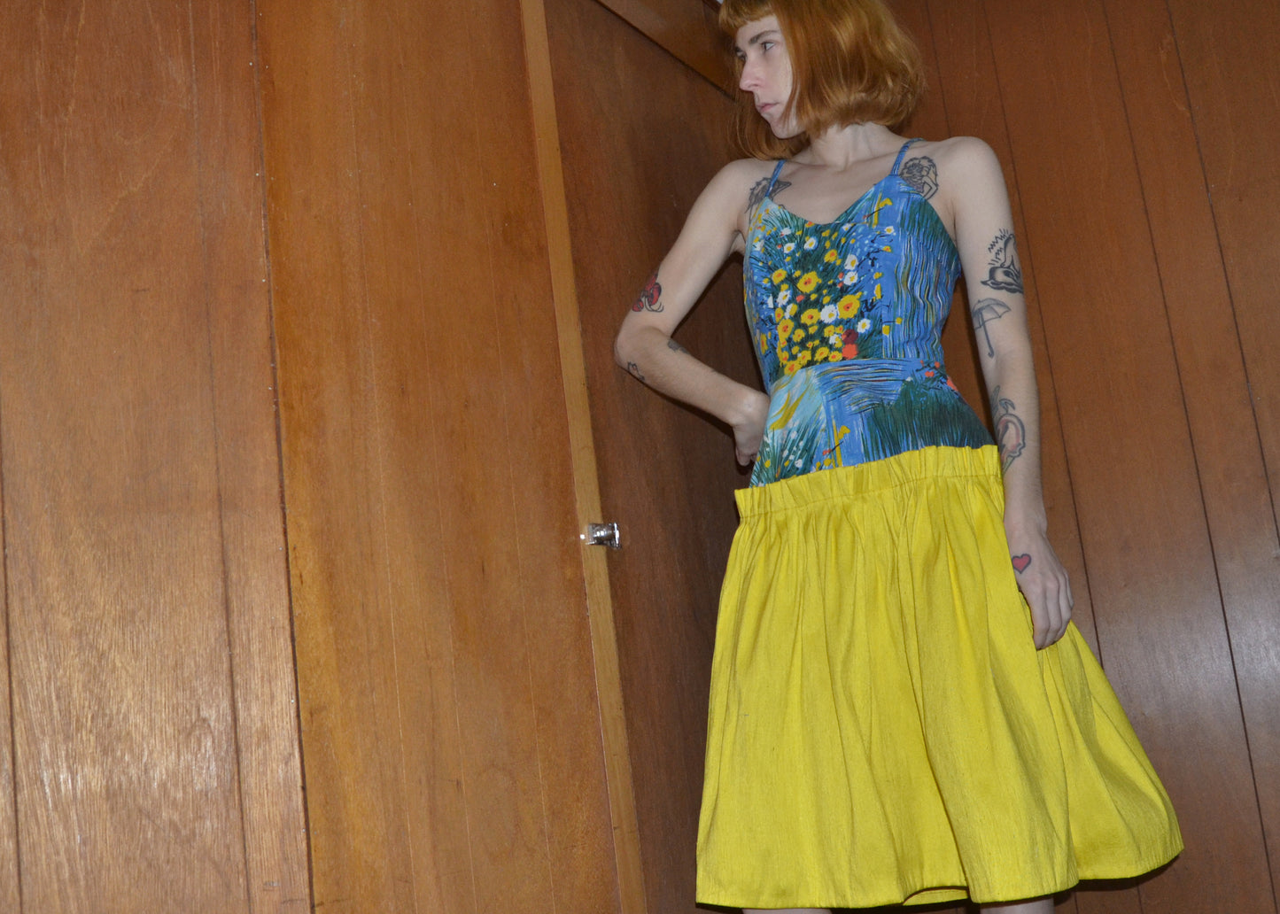 sunny yellow gathered silk dress S