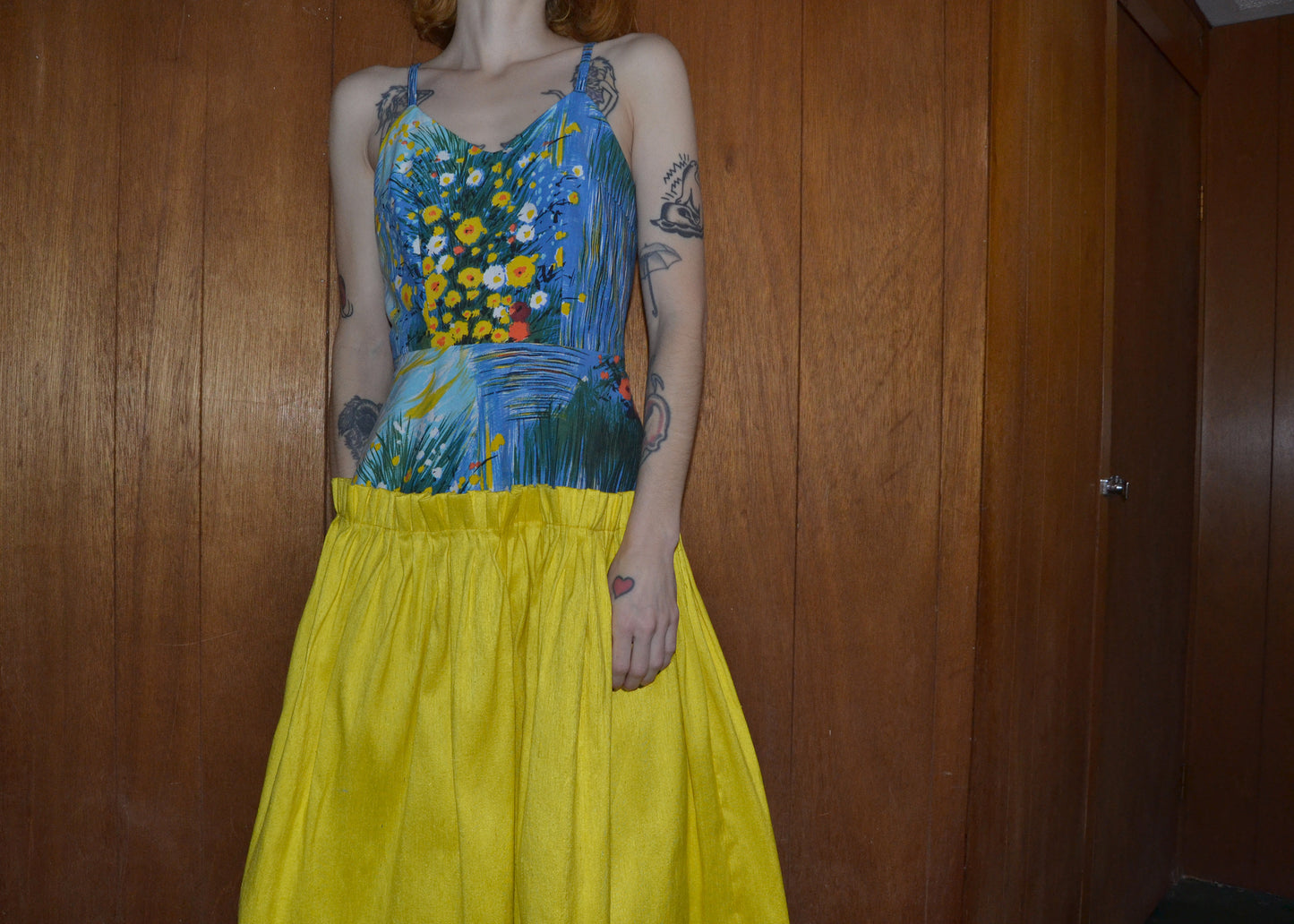 sunny yellow gathered silk dress S