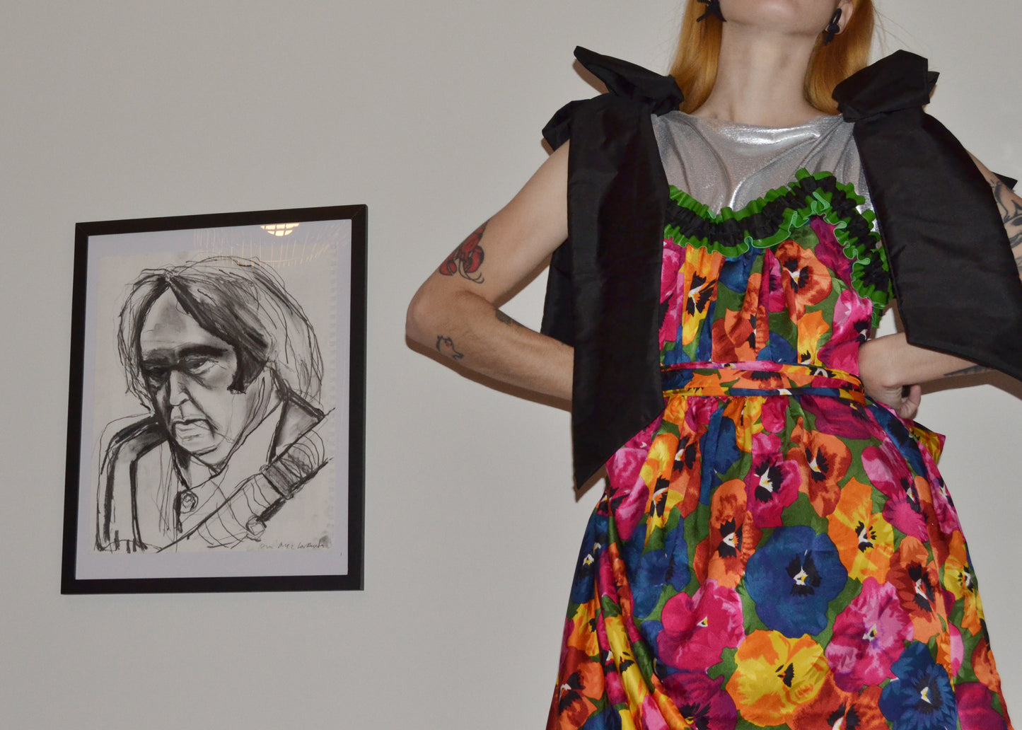 silk + leather chiffon bow dress S/M