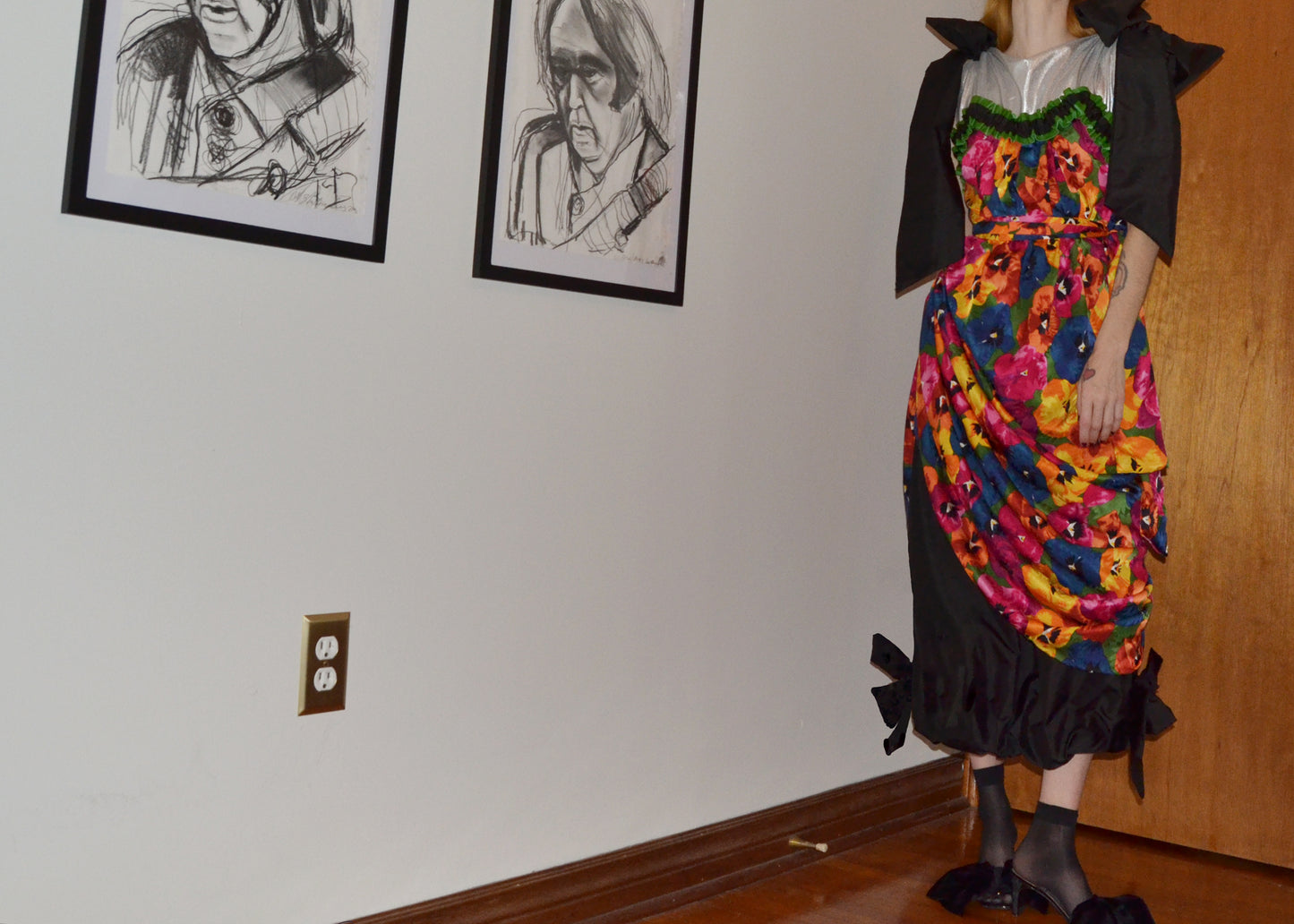 silk + leather chiffon bow dress S/M