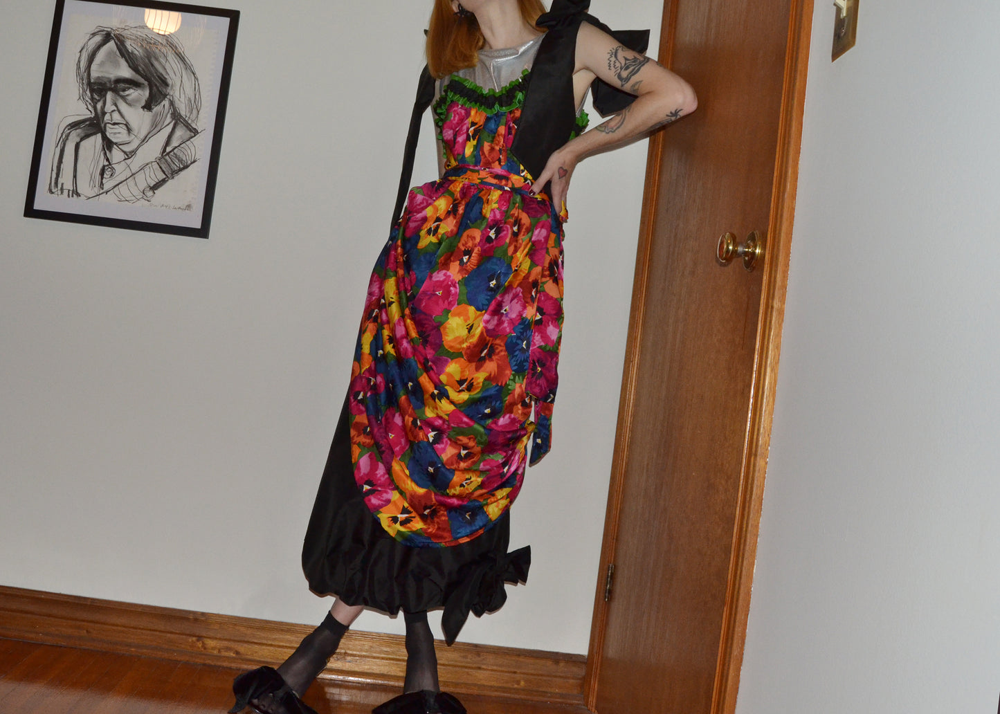 silk + leather chiffon bow dress S/M