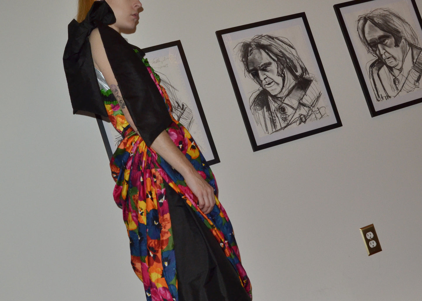 silk + leather chiffon bow dress S/M