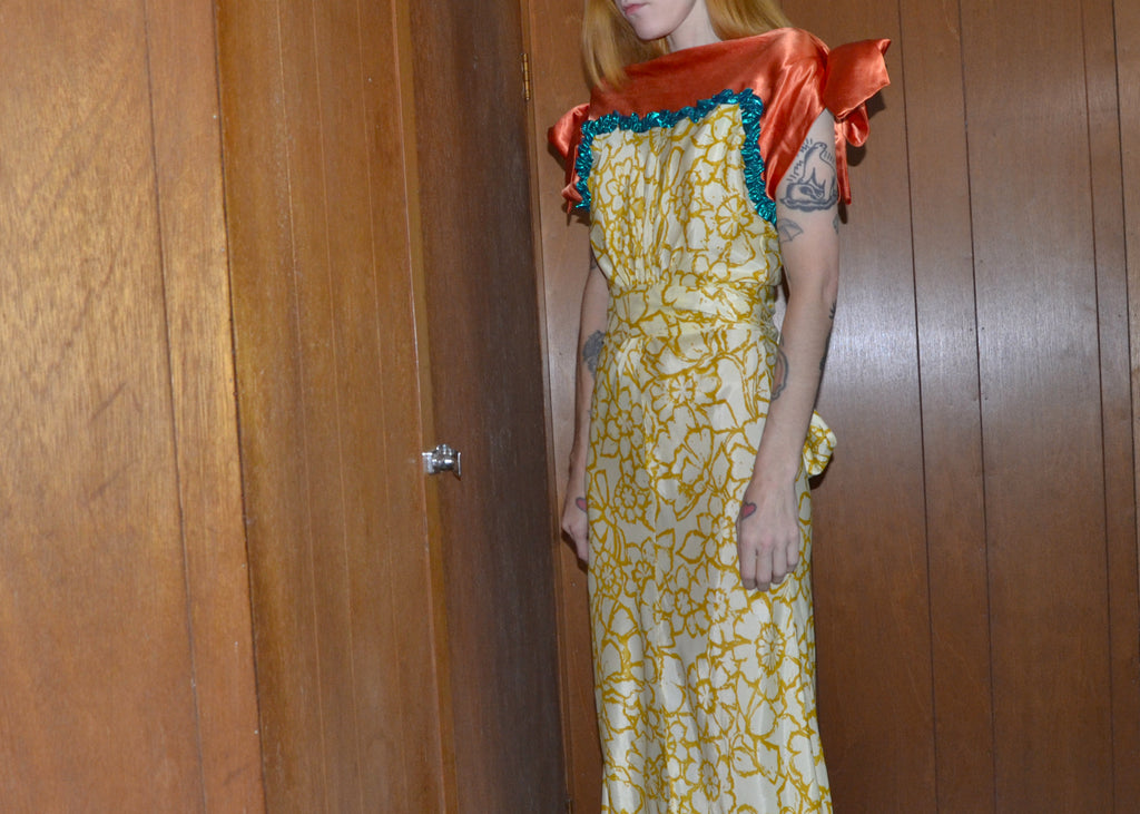 silk satin orange + print gown XS