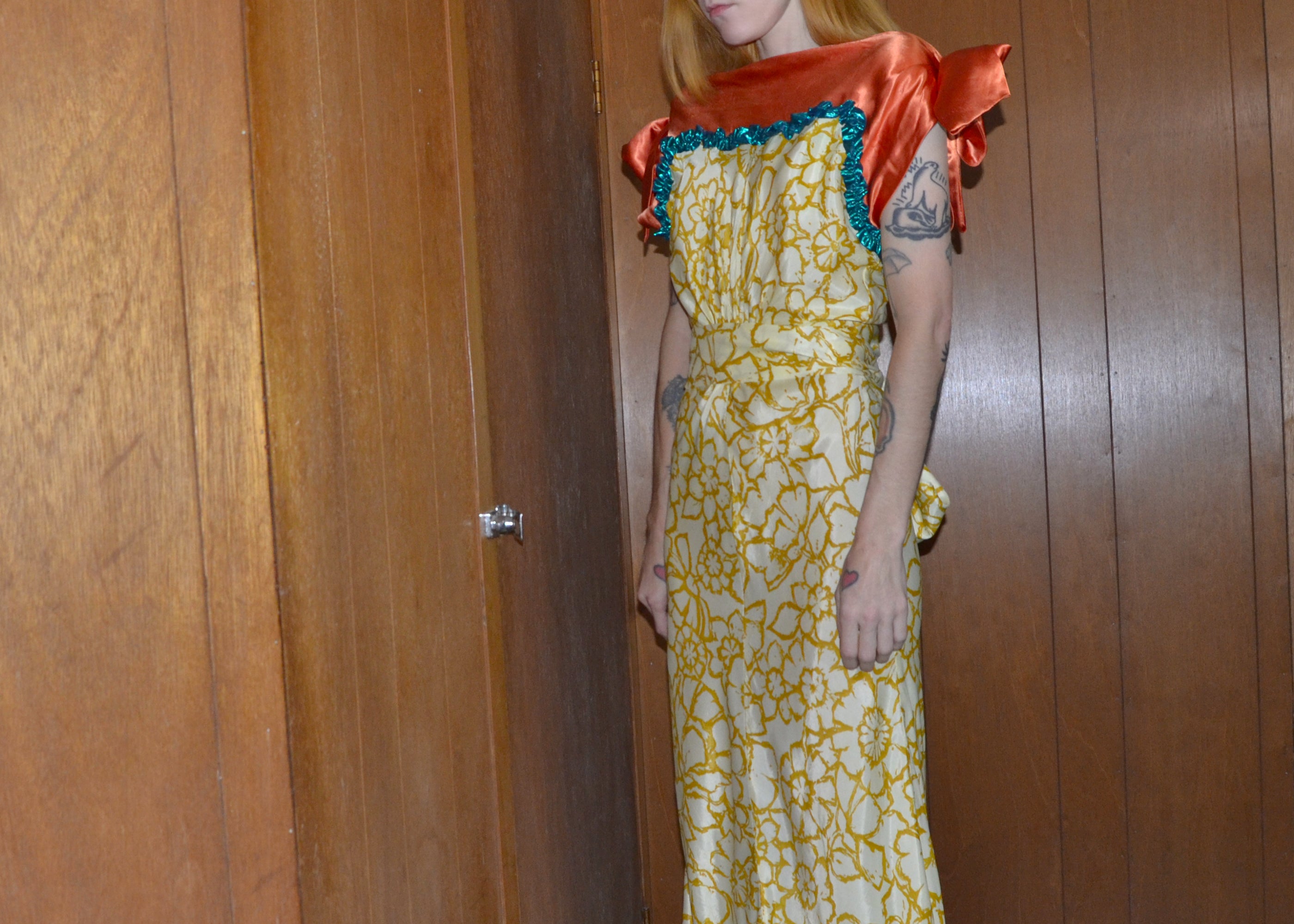 silk satin orange + print gown XS