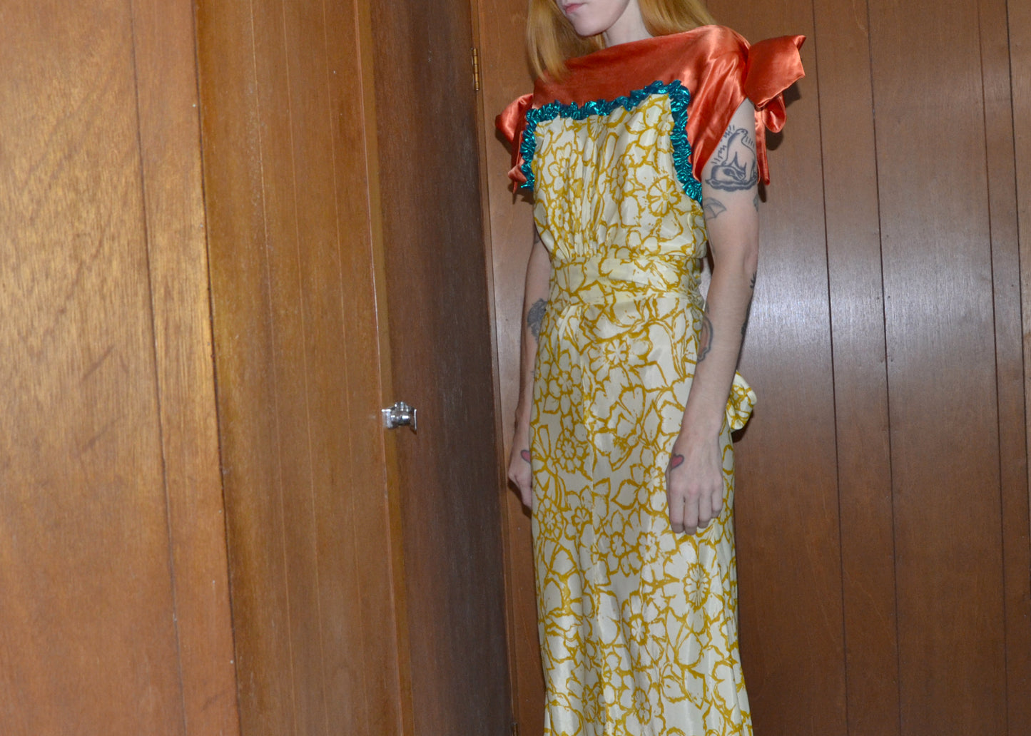 silk satin orange + print gown XS