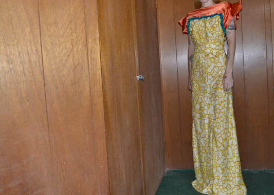 silk satin orange + print gown XS