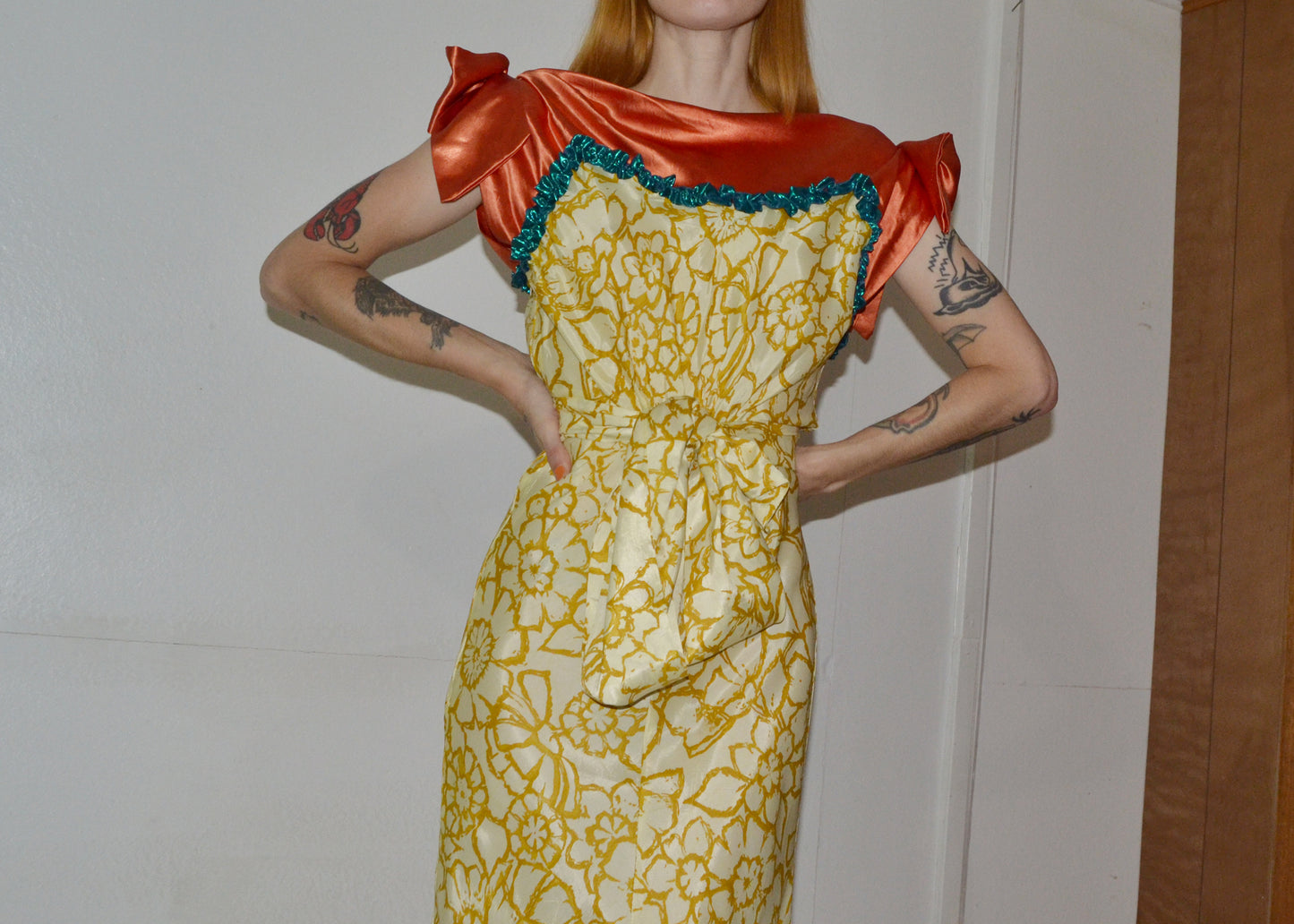 silk satin orange + print gown XS