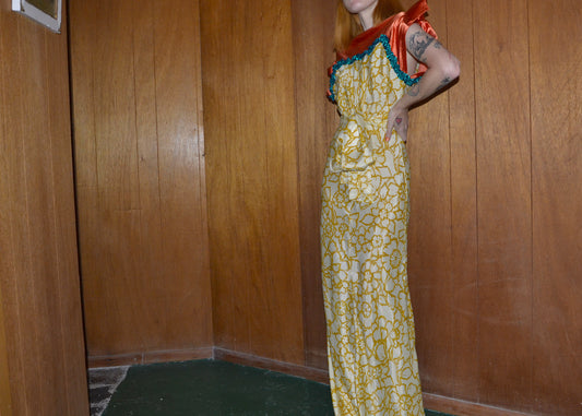 silk satin orange + print gown XS