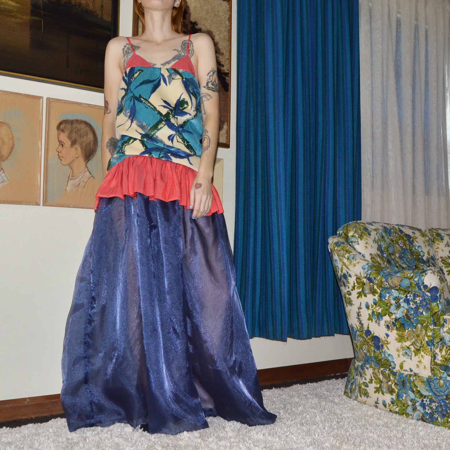 blue bamboo velvet silk dress S