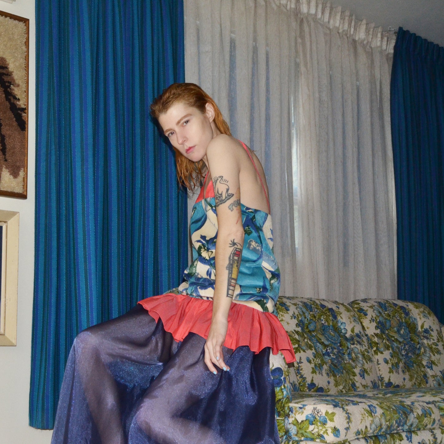 blue bamboo velvet silk dress S