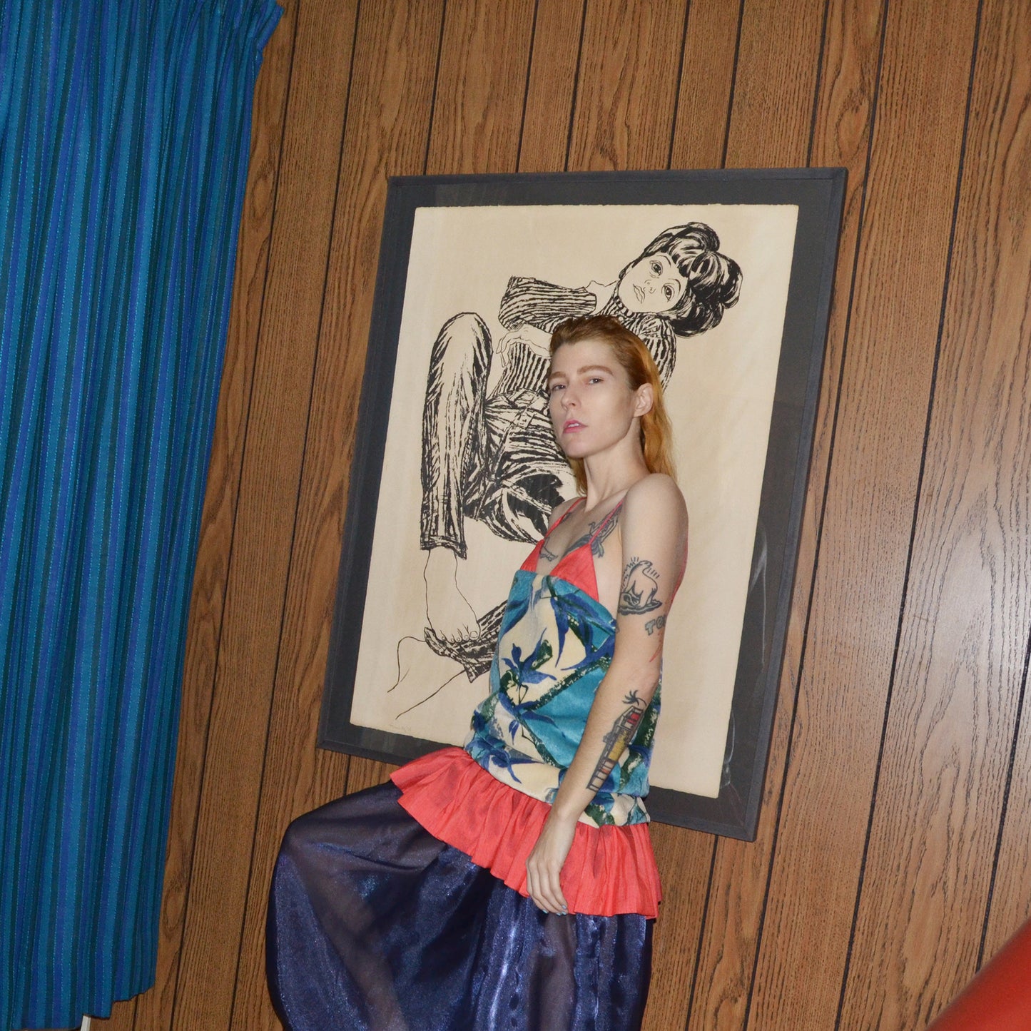 blue bamboo velvet silk dress S