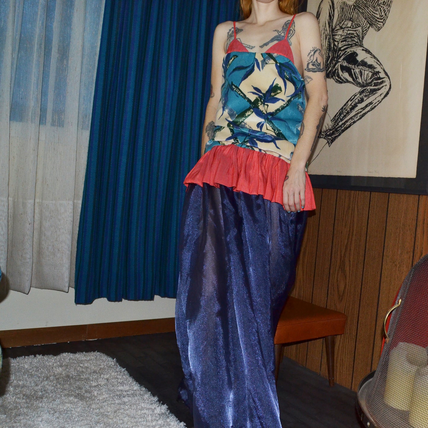 blue bamboo velvet silk dress S