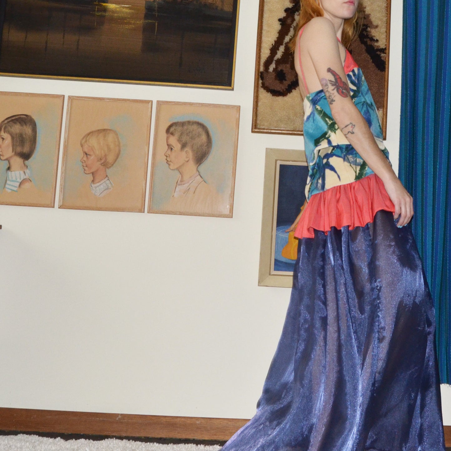 blue bamboo velvet silk dress S