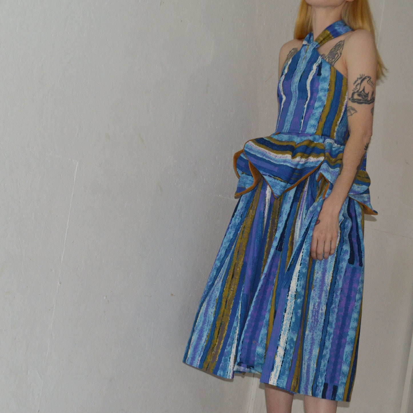 mustard velvet leaf peplum dress S