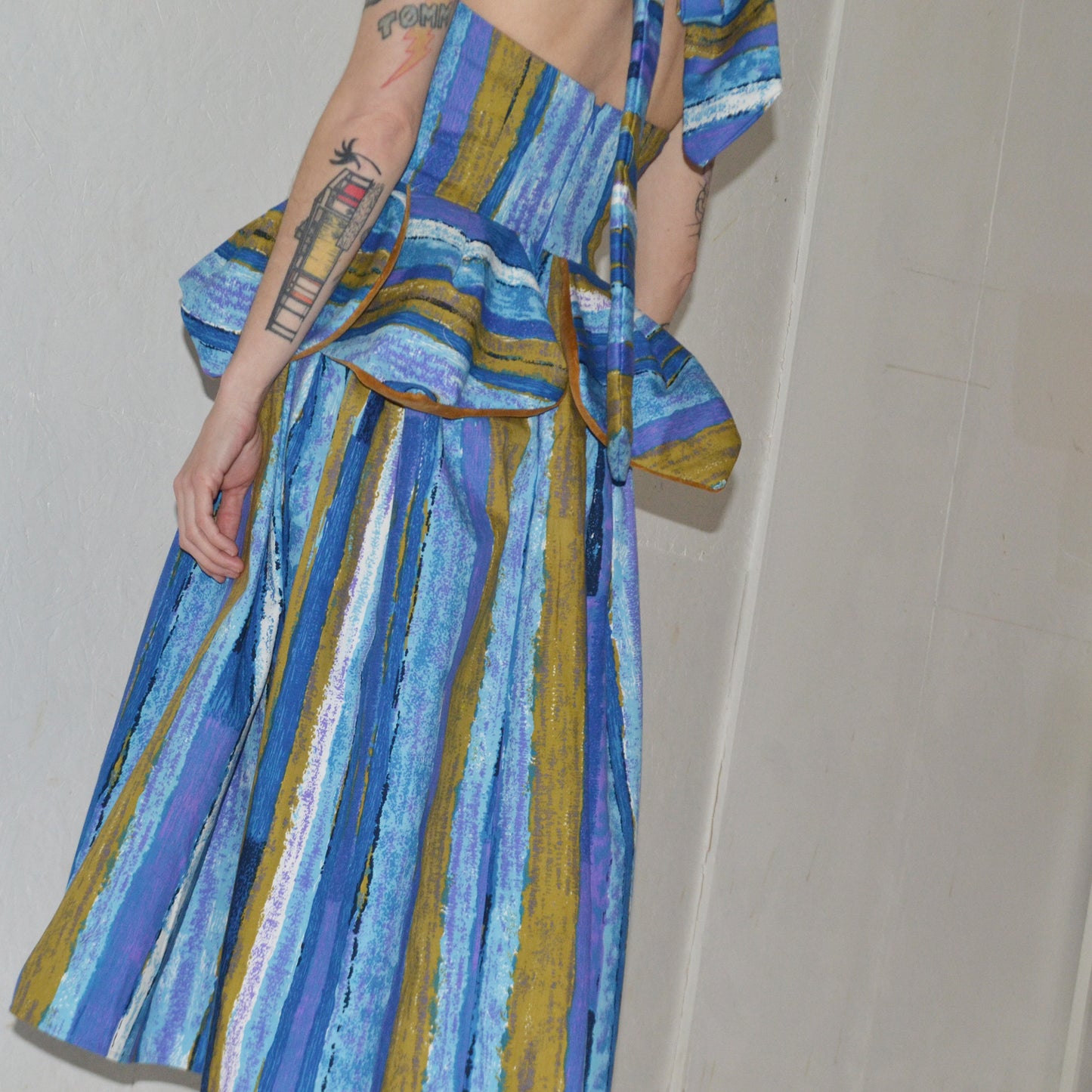 mustard velvet leaf peplum dress S