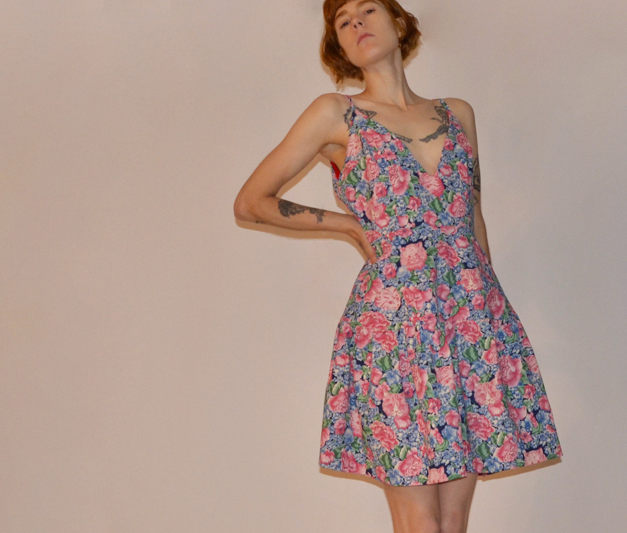 cat face pink + navy sundress M