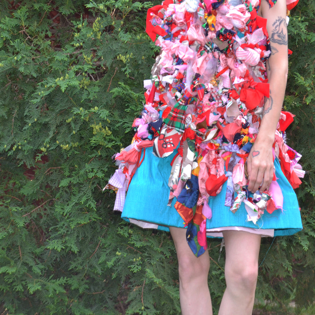 blue + pink silk scrap dress, size 4