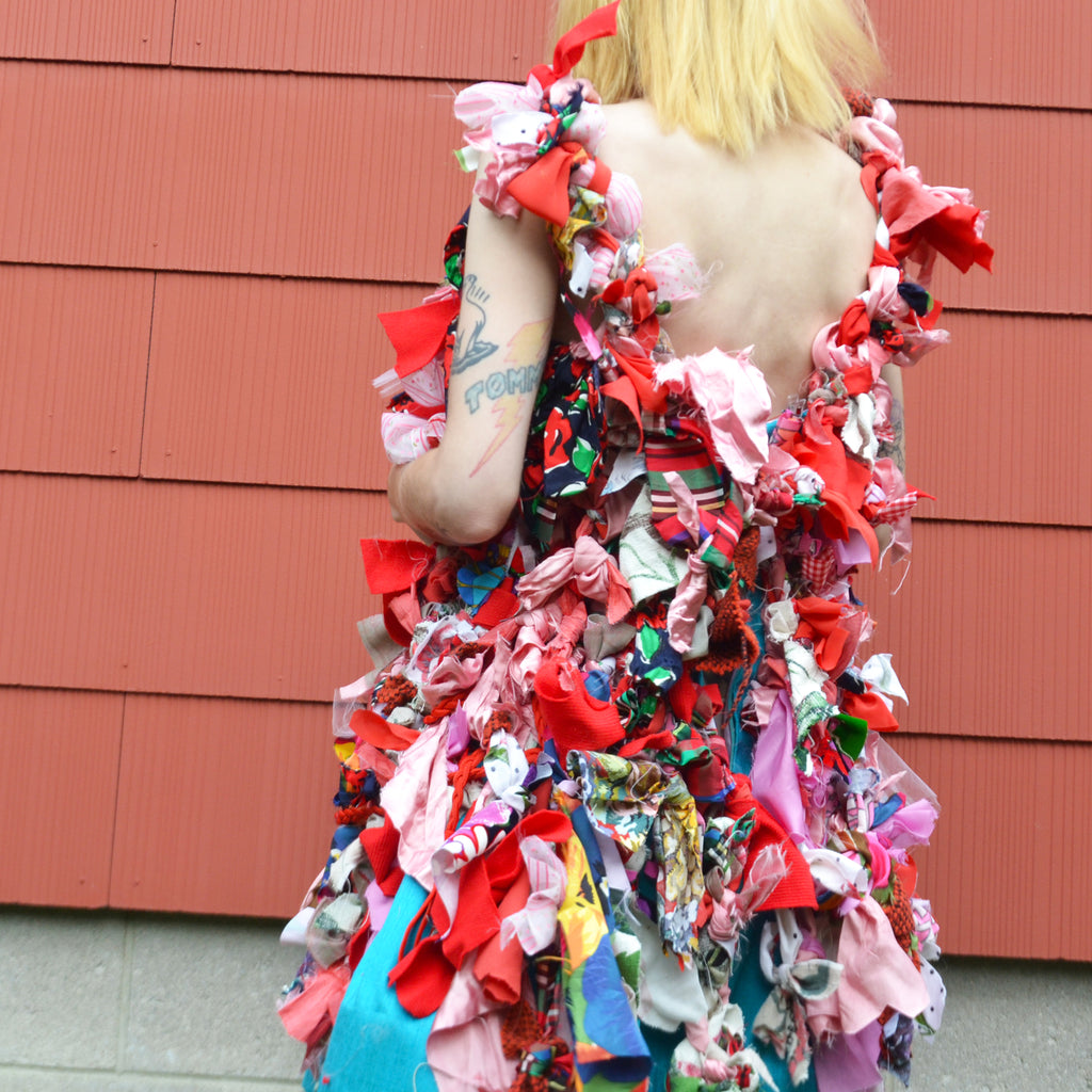 blue + pink silk scrap dress, size 4