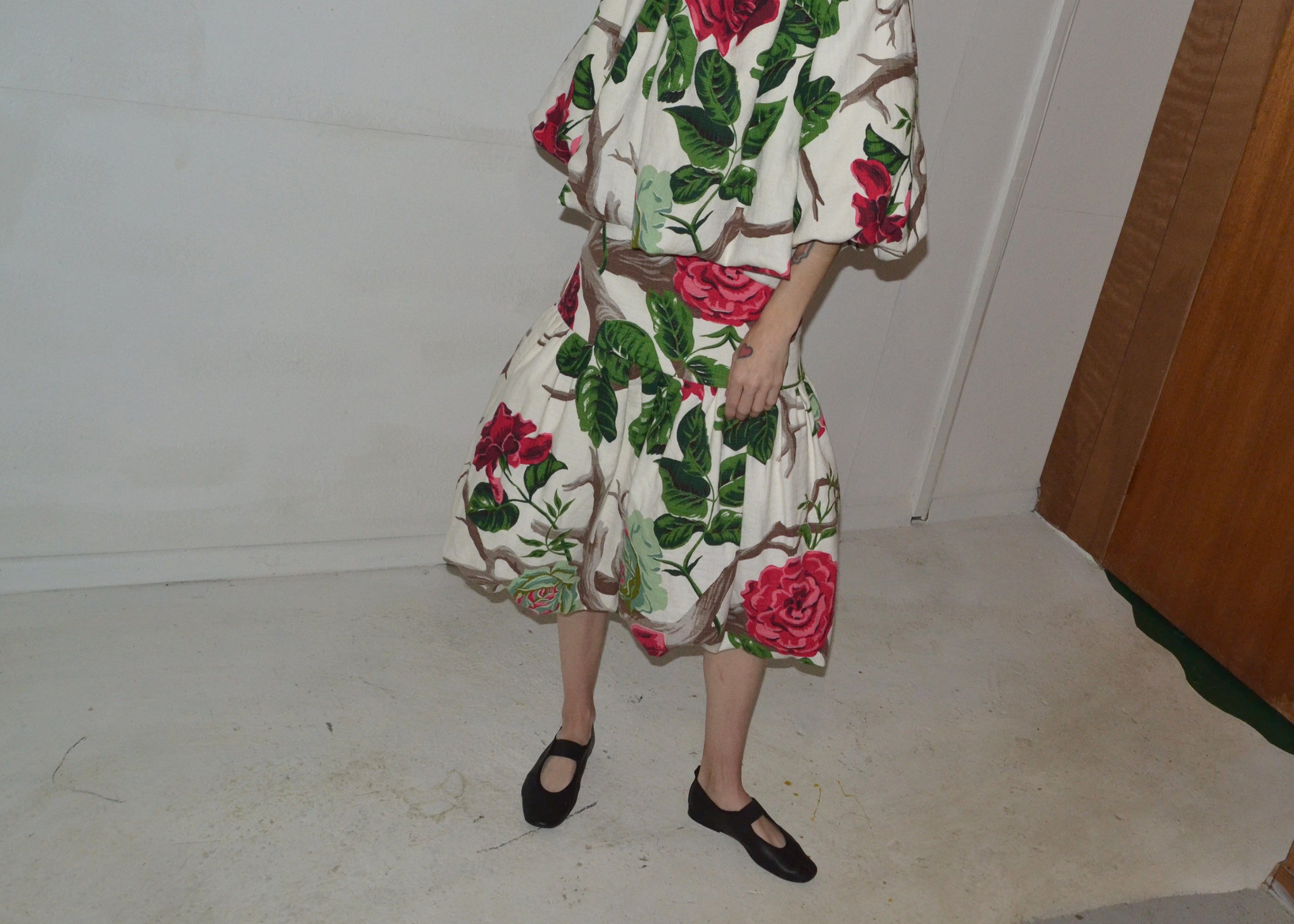 midcentury barkcloth roses set M