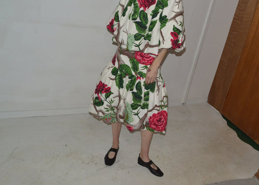 midcentury barkcloth roses set M