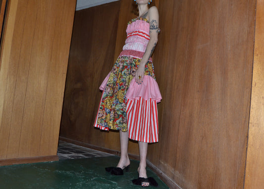 pink + red ruffle dress XS