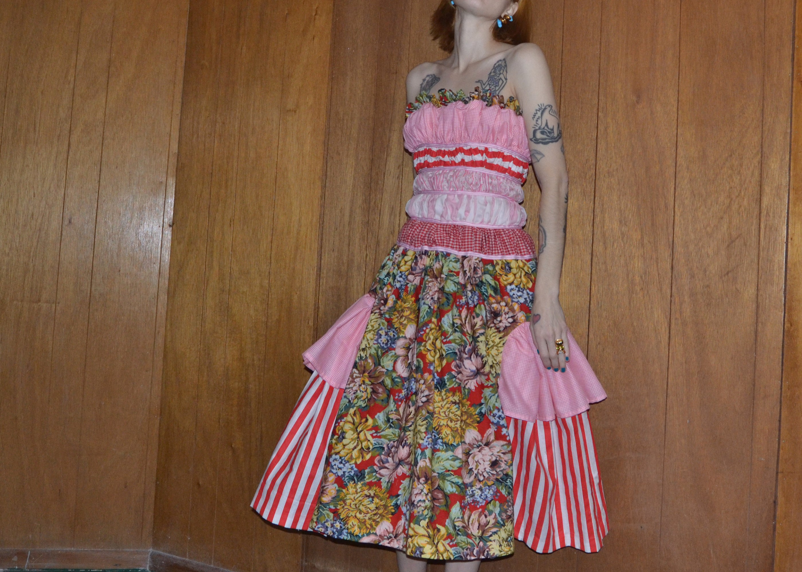 pink + red ruffle dress XS