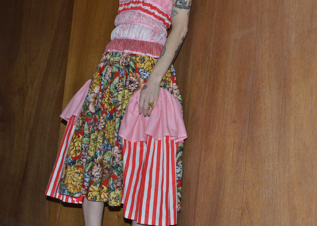 pink + red ruffle dress XS