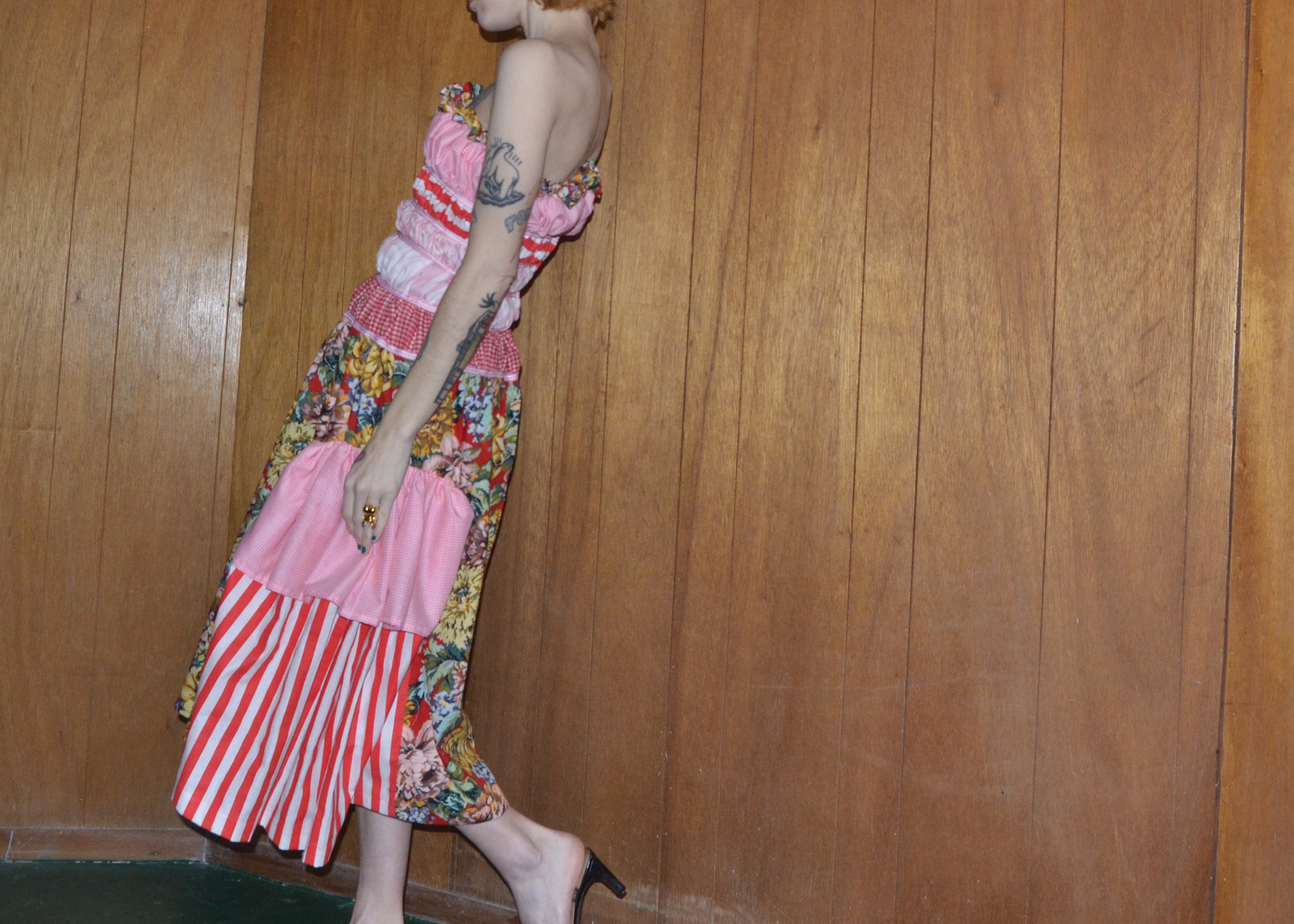 pink + red ruffle dress XS