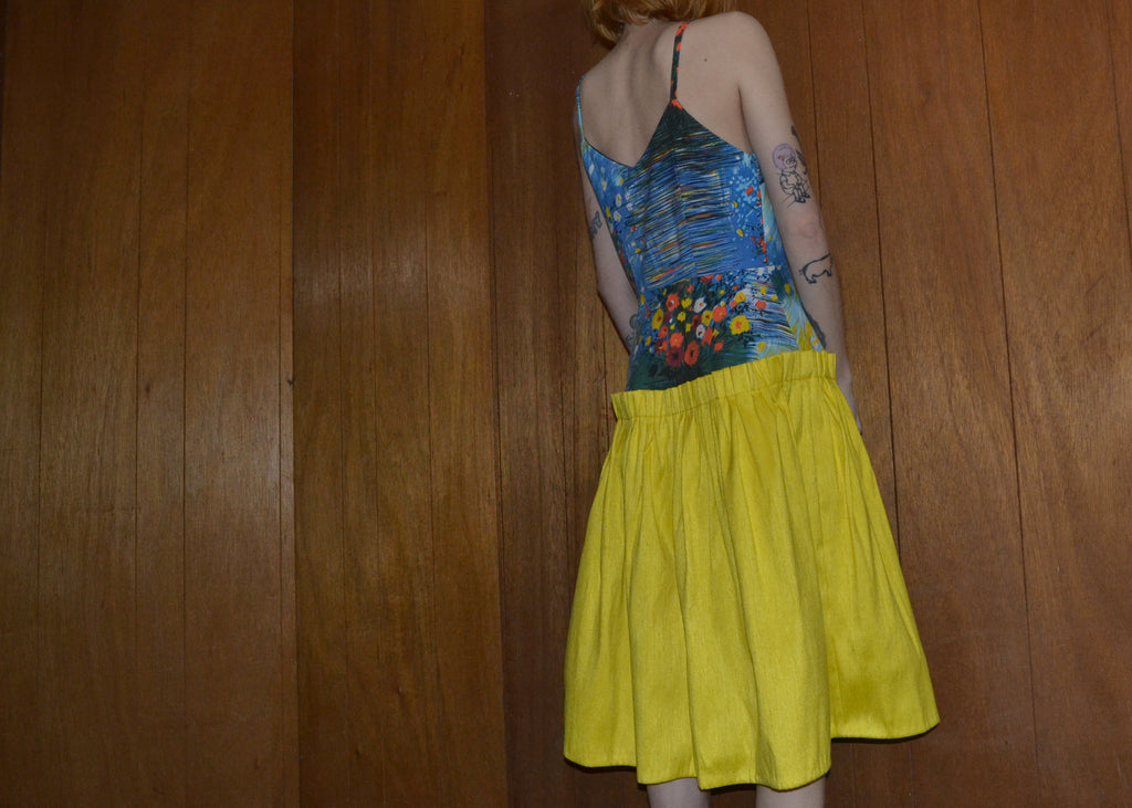 sunny yellow gathered silk dress S