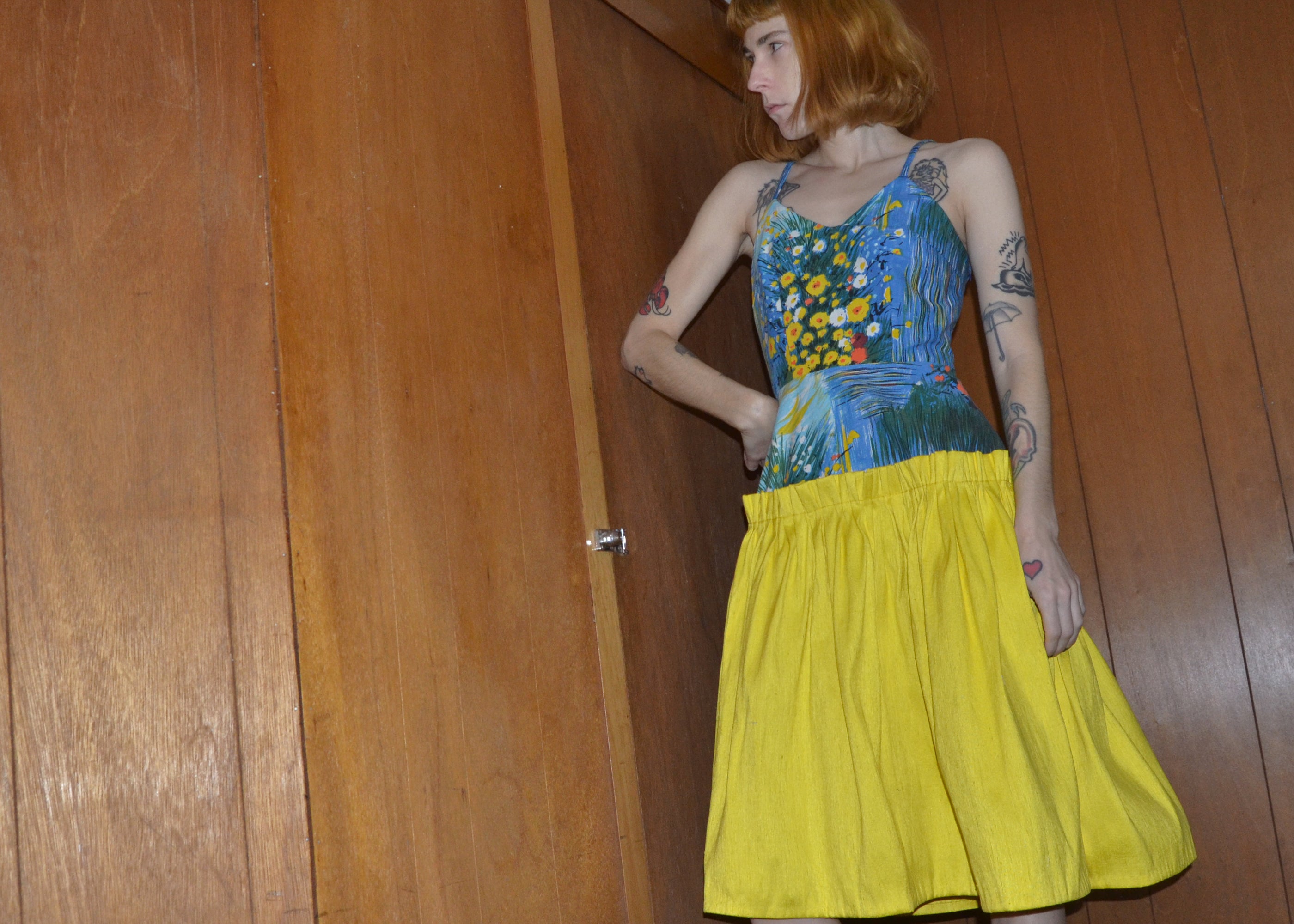 sunny yellow gathered silk dress S