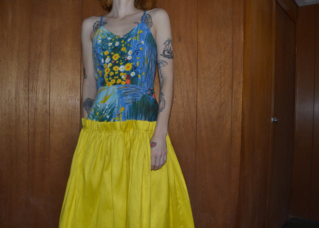 sunny yellow gathered silk dress S